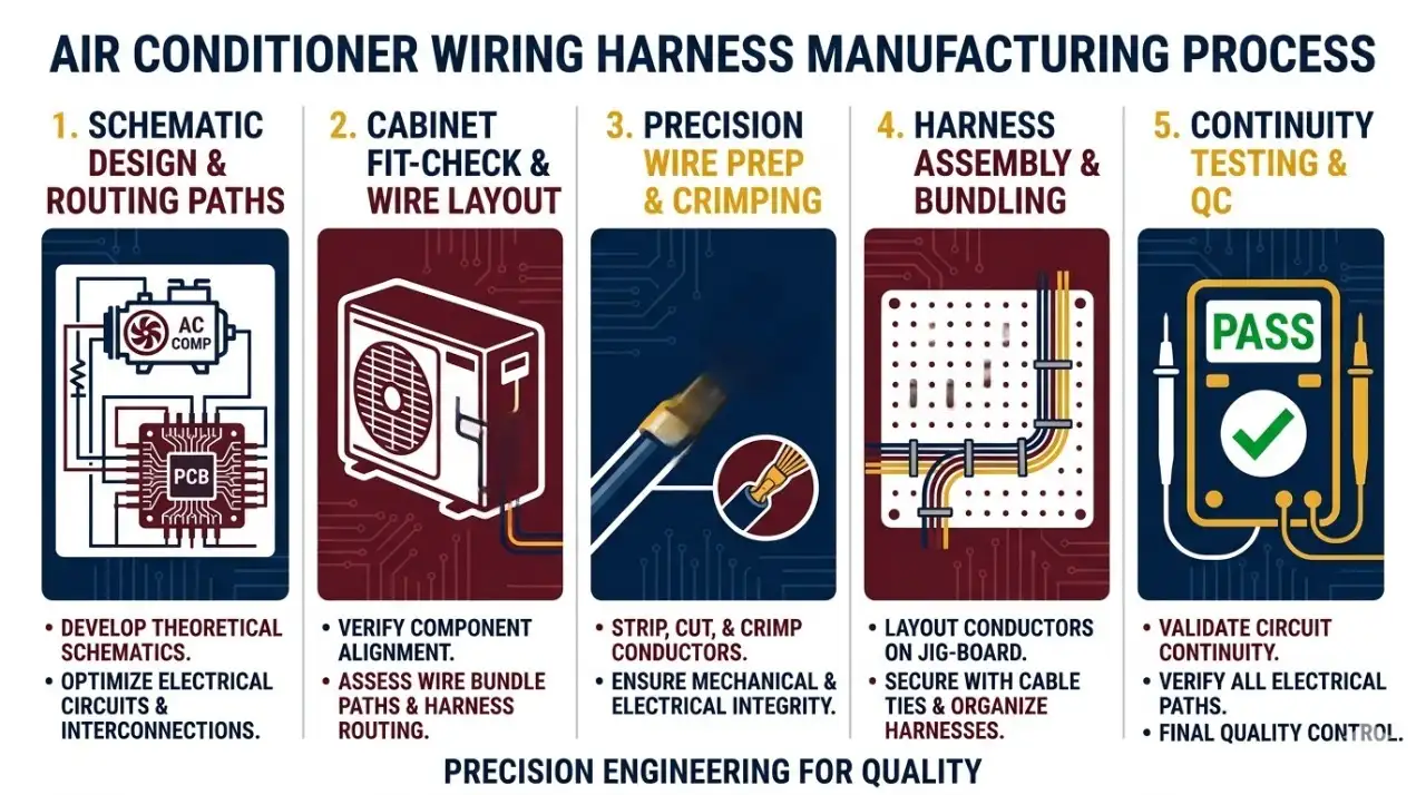 Professional 5-step manufacturing process for air conditioner wiring harnesses by Harness Techniques, India.